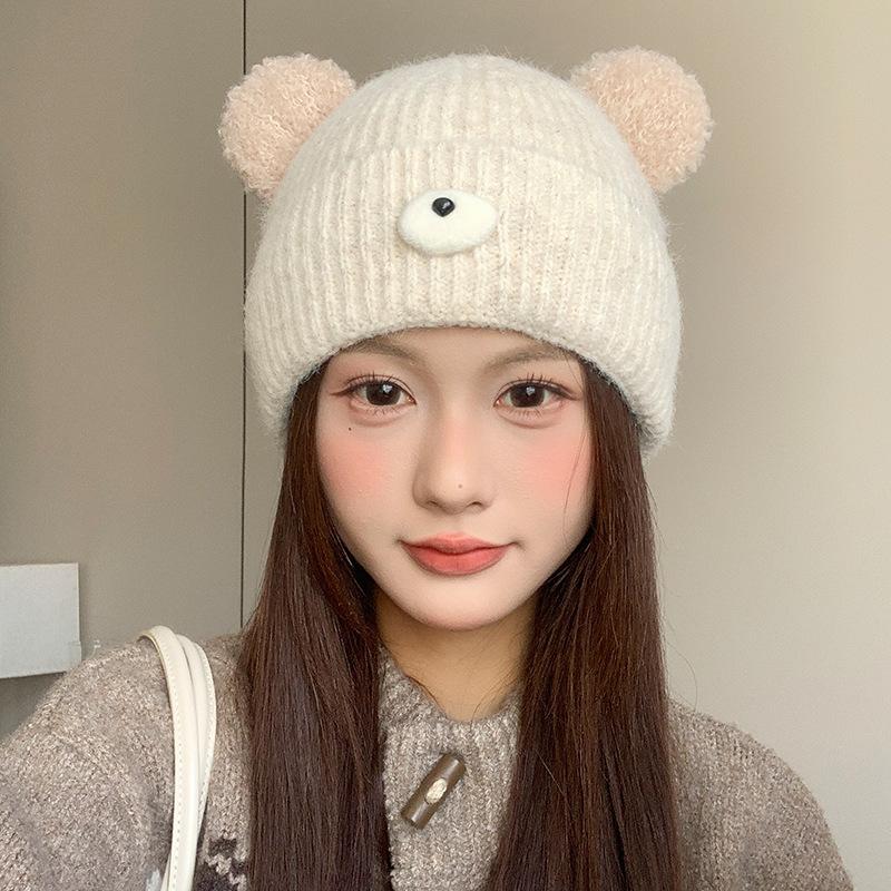 Søt tegneserie bjørn øre strikkelue for jenter for å holde varm og beskytte ørene om høsten og vinteren Student ullue for å fremheve ansiktet Liten kald lue