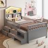 Cama Infantil 90 x 200 cm, Grade de Segurança, Armazenamento com Quatro Gavetas, Degraus, Luzes LED, Portas de Carregamento USB e Tipo-C, Madeira Maciça, Estrado de Ripas, Cinza