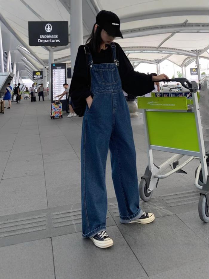 Women's Retro Denim Wide-Leg Overalls – High Waist, Floor Length, Korean Style Jumpsuit for Spring/Autumn