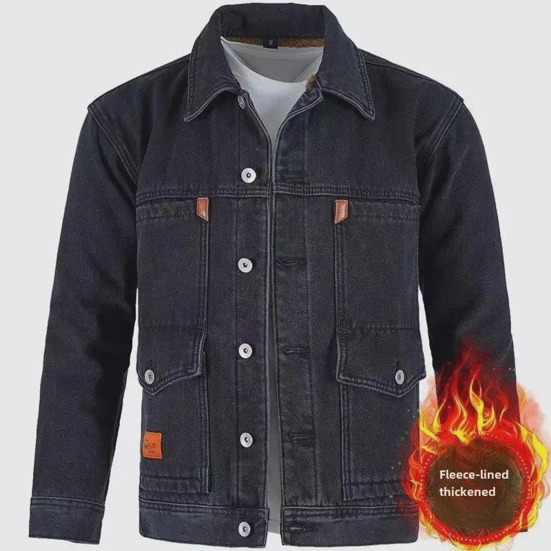 Men's Denim and Velvet Thickened Windproof Winter Coat, Warm and Wear-Resistant, Large Sizes Available