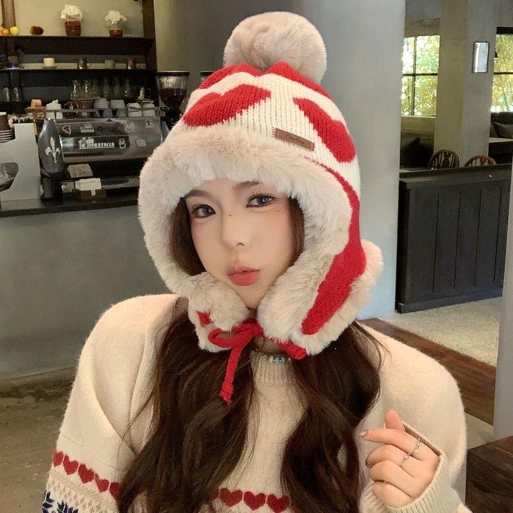 Polyester Trapper Hat Pom Pom Thick Warm Lining Winter Hat Heart Pattern Ear Flap Hat For Women