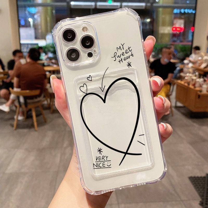 Card Bag Holder Clear Case For iPhone 16 15 14 13 12 11 Pro Max With Love Heart Pattern Cover For iPhone XS Max XR 7 8 Plus Case