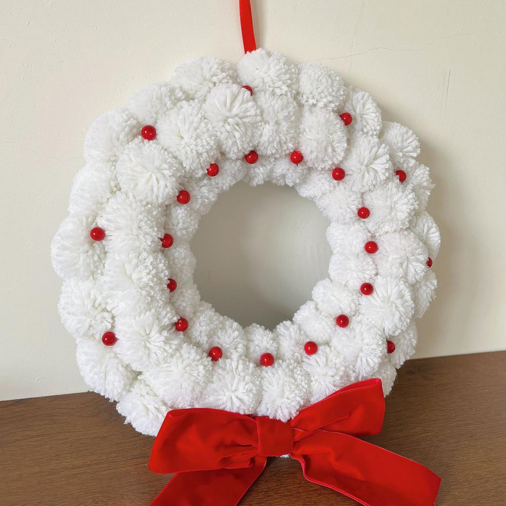Festive Holiday Wreath Holiday Wreath White Fuzzy Pom Pom Ball Christmas Wreath with Bow Berries Festive Holiday Decor for Home