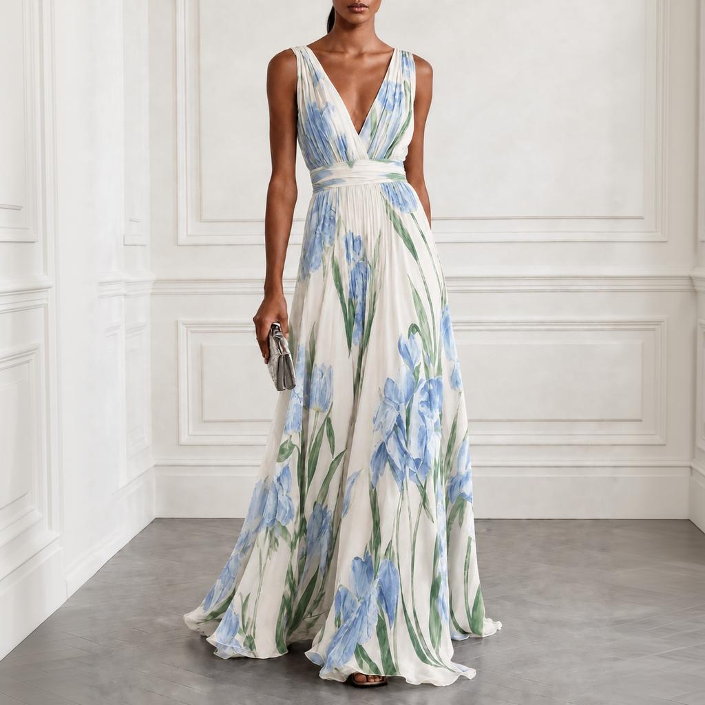 Women's Elegant Floral Print Sleeveless V-Neck Maxi Evening Dress for Formal Events