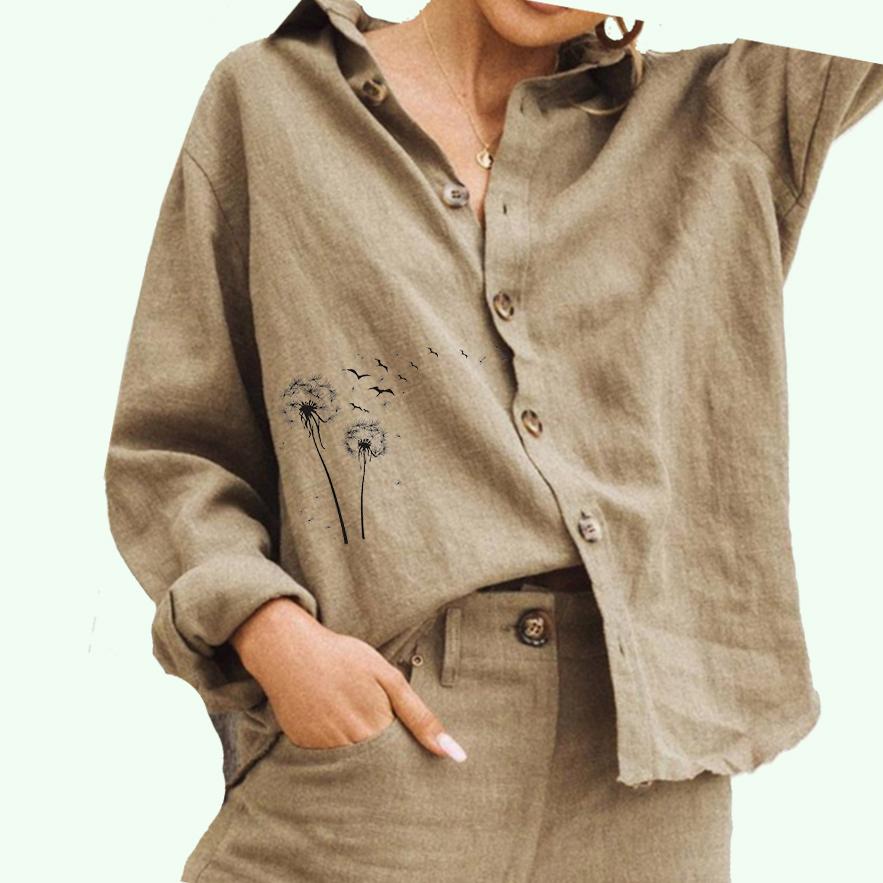

Женская мода отложной воротник блузка дамы принт хлопок лен топ повседневная рубашка на пуговицах S хаки