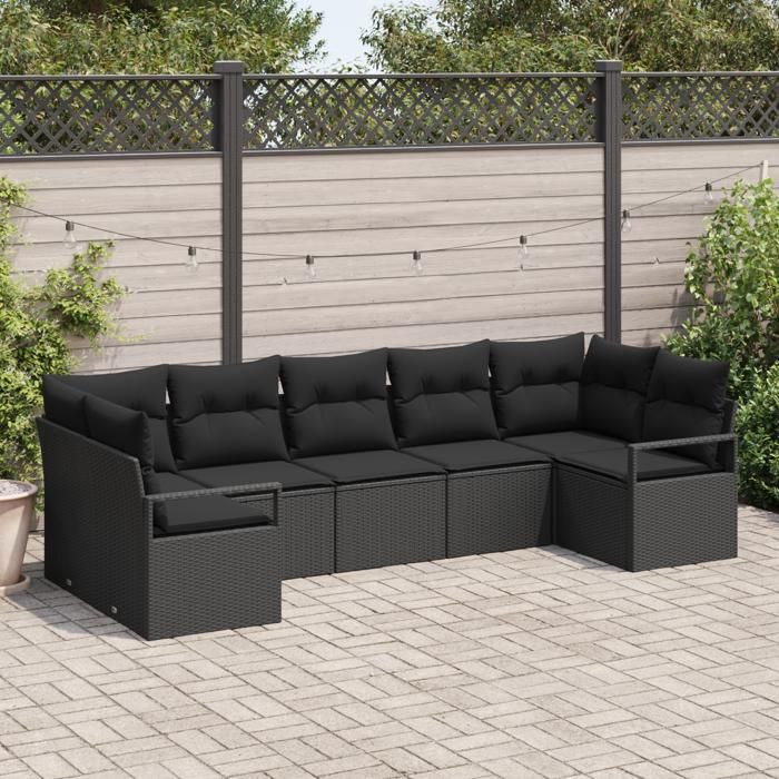 Ensemble de canapé de jardin 7 pièces avec coussins en poly rattan noir, Canapé de jardin 2 places avec coussins en poly 3346533