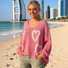 Women Sweater V-Neck Long Sleeve Heart Pattern Knitting Tops Loose Fit Commuting Style Spring Autumn Casual Sweater