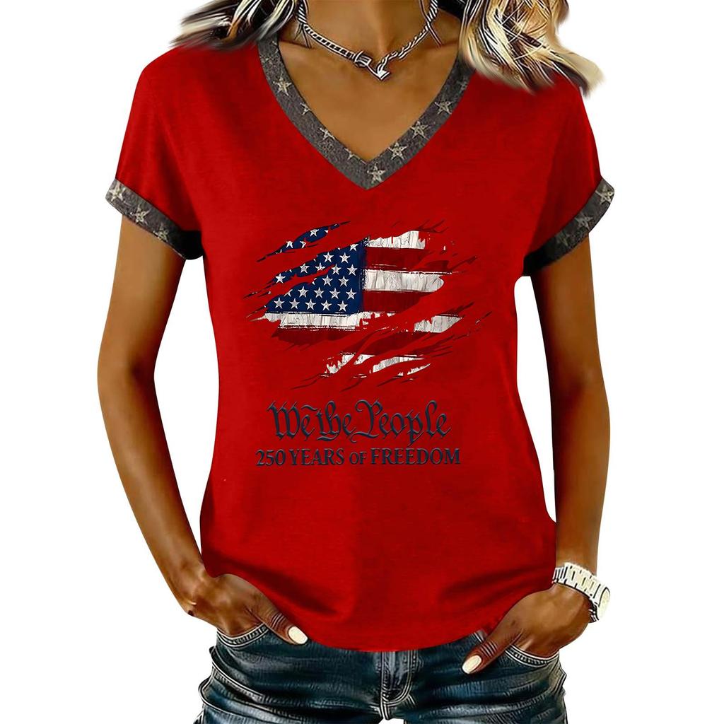 Damen Lässiger V-Ausschnitt Kurzarm Pullover Bedrucktes T-Shirt Top