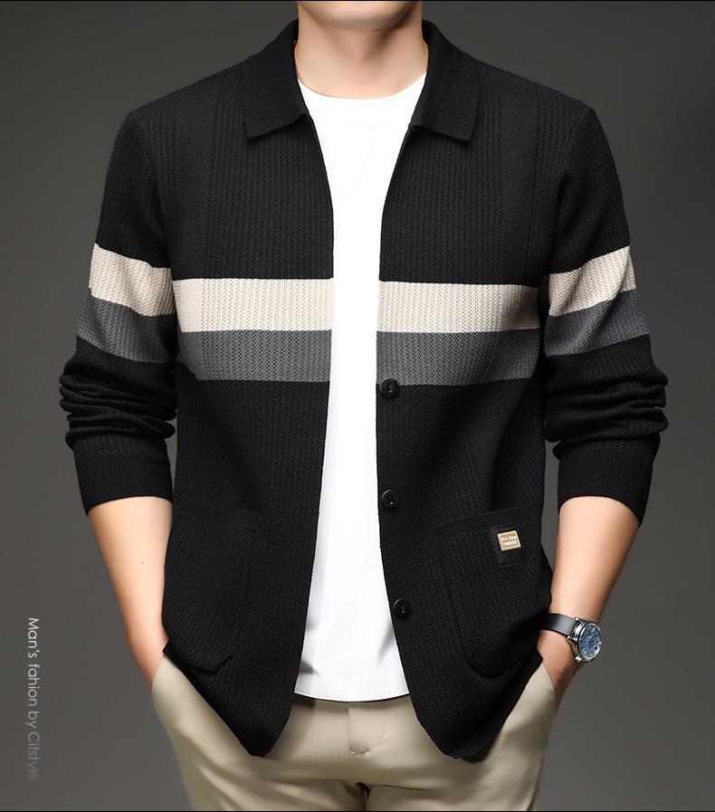 Men's Color Block Lapel Cardigan: Autumn/Winter Sweater Coat with Real Pockets - Youth Style, Loose Knitwear