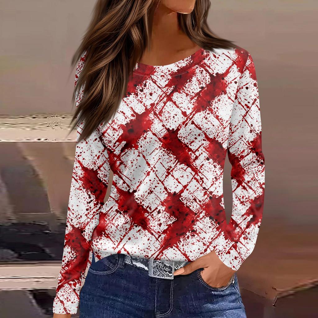 Women's Fashion Hem Slit Casual Halloween Printed Round Neck Long Sleeve Top