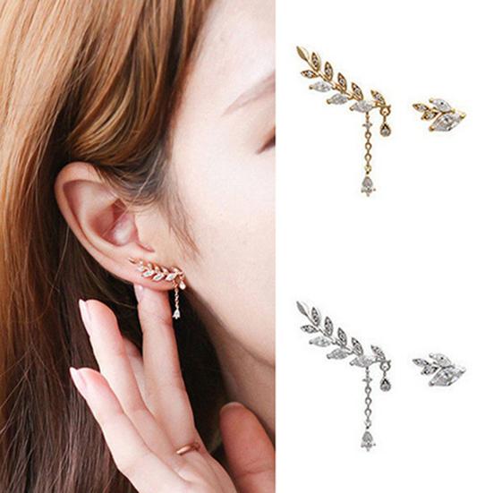 Ear Studs Asymmetric Anti-rust Women Leaf Rhinestone Tassel Earrings for Wedding