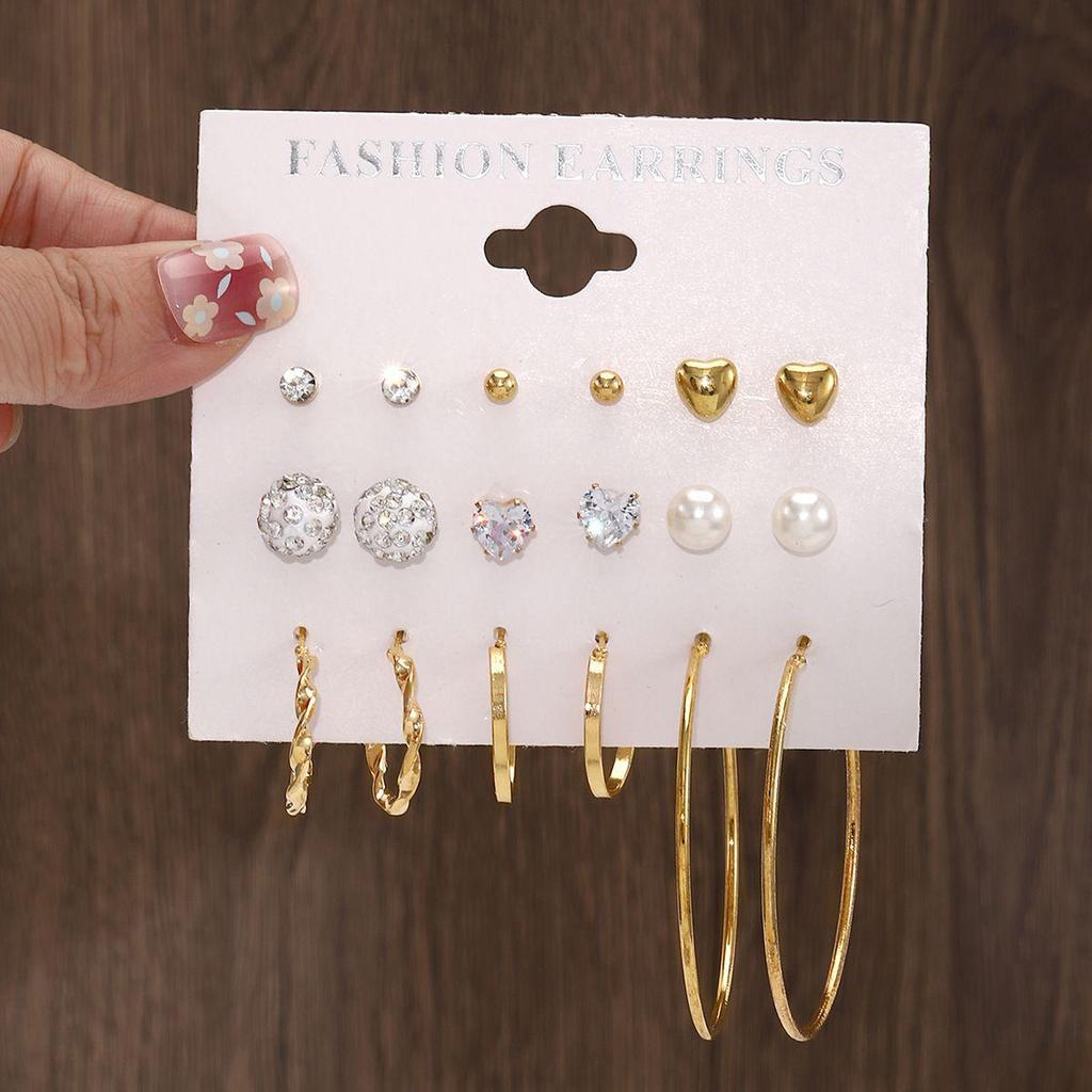 European & American Retro Geometric Hammered Textured Earrings 6-Piece Set: Creative Heart Diamond Stud & Alloy Earrings