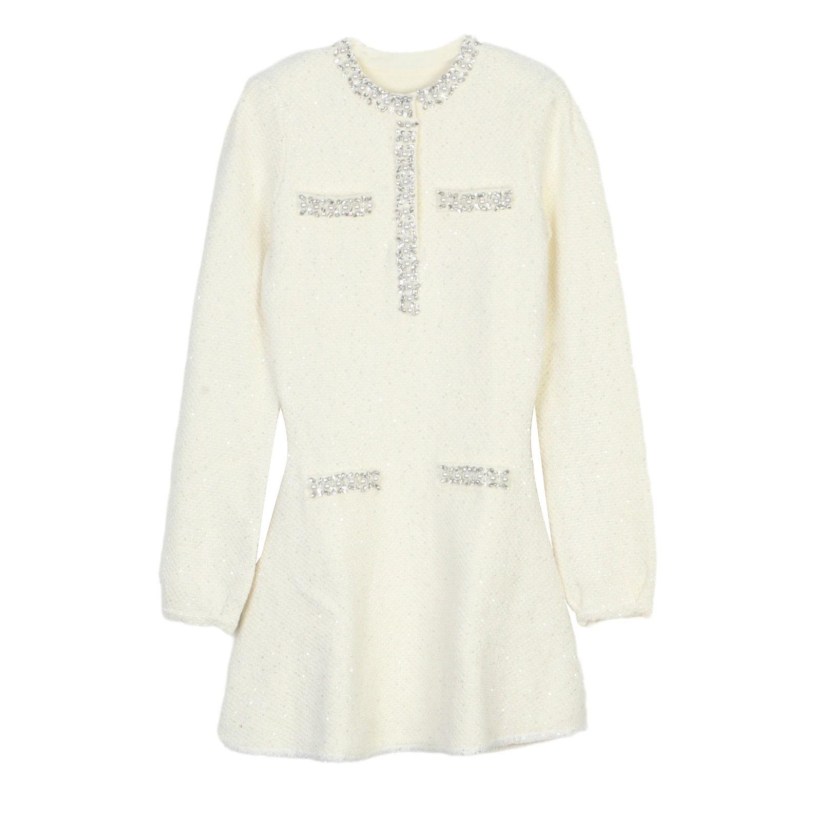 

Элегантное трикотажное платье с пайетками и бриллиантами - Женская легкая роскошь, длинный рукав, круглый вырез, мода ранней весны Medium