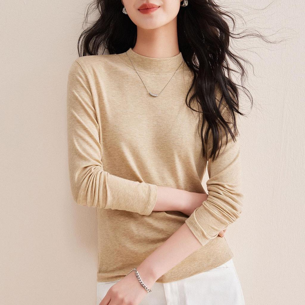 Women’s Tencel Wool Long Sleeve Stand Collar T-Shirt, Spring 2026, Thin White Base Layer, Set-in Shoulders