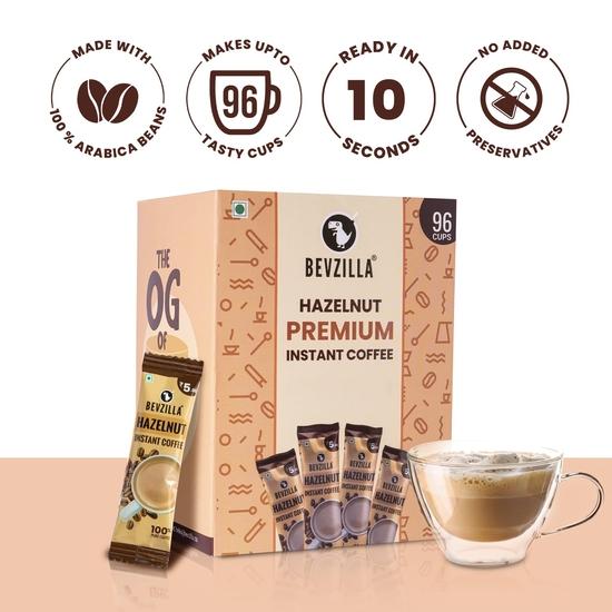 Bevzilla 96 Pliculețe de Cafea Instant (Alune) -192 Grams |Cafea Arabica| Ușor de Transportat|Cel Mai Bun Pentru Espresso, Latte, Cappuccino| Savurați Fierbinte și Rece