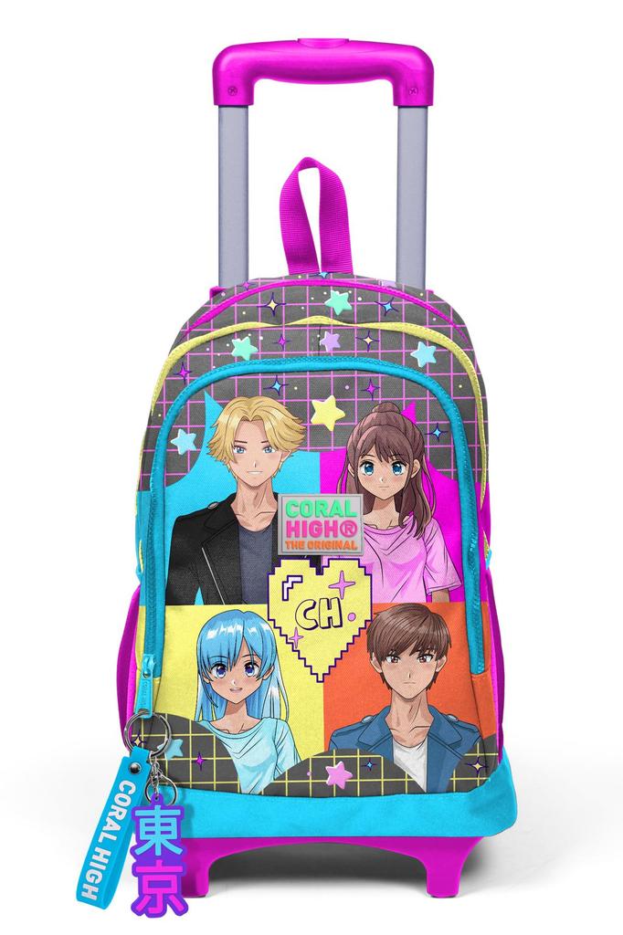 Coral High Gri Blau Rosa Anime-Muster Drei Fächer Trolley Schulrucksack 23937
