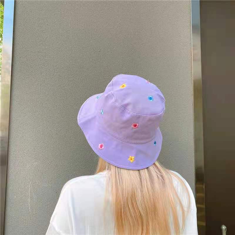 Cute Flower Bucket Hat Embroidered Fashion Domed Fisherman Hat with Flat Brim Women Summer Travel Beach Sun Hats