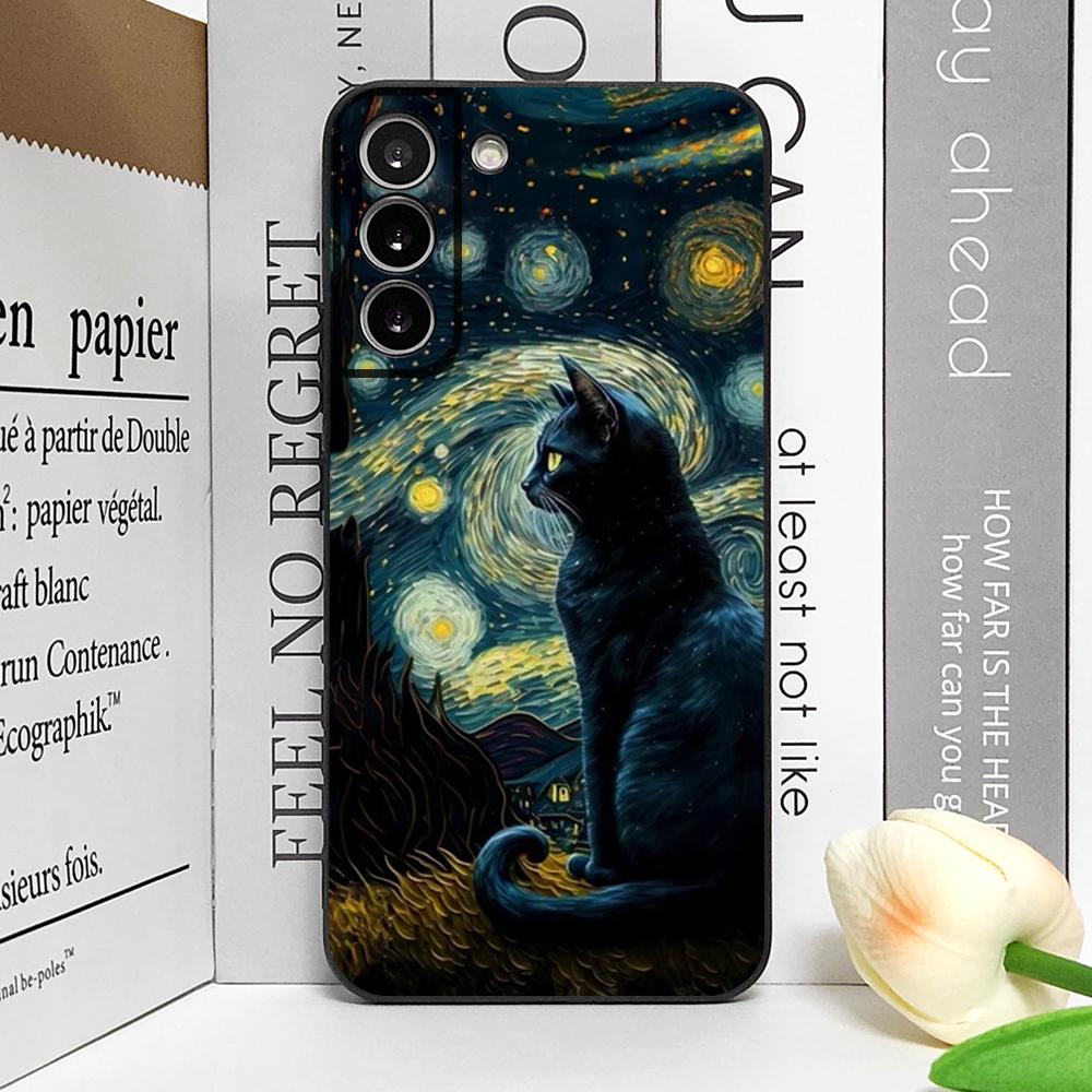 Cute Van-Gogh Starry Night Cat Phone Case for Samsung Galaxy S22 S23 S24 Ultra S25 Plus S21 FE 5G Soft Silicon Cover Fundas Capa