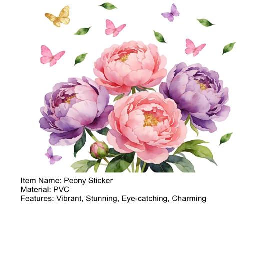 Watercolor Peony Flower Window Cling Floral Butterfly Window Sticker Static PVC Glass Doors Decals for Home Office Living Room