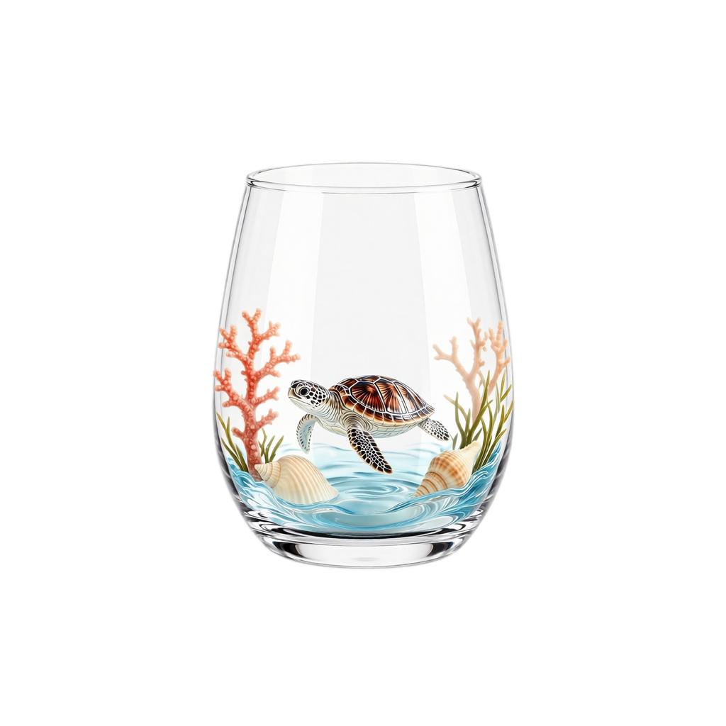 Animal Print Stemless Wine Glass, Handleless Glass Cup With, Turtle and Pattern for and Home Use