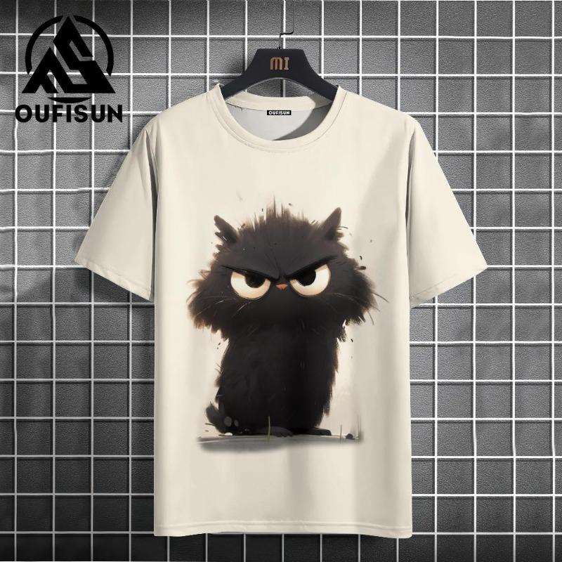 Letní pánské tričko Animal Cute Cat Print Crew Neck Krátký rukáv Tričko Street Trend Tops Nadměrné pánské oblečení Tričko pro muže