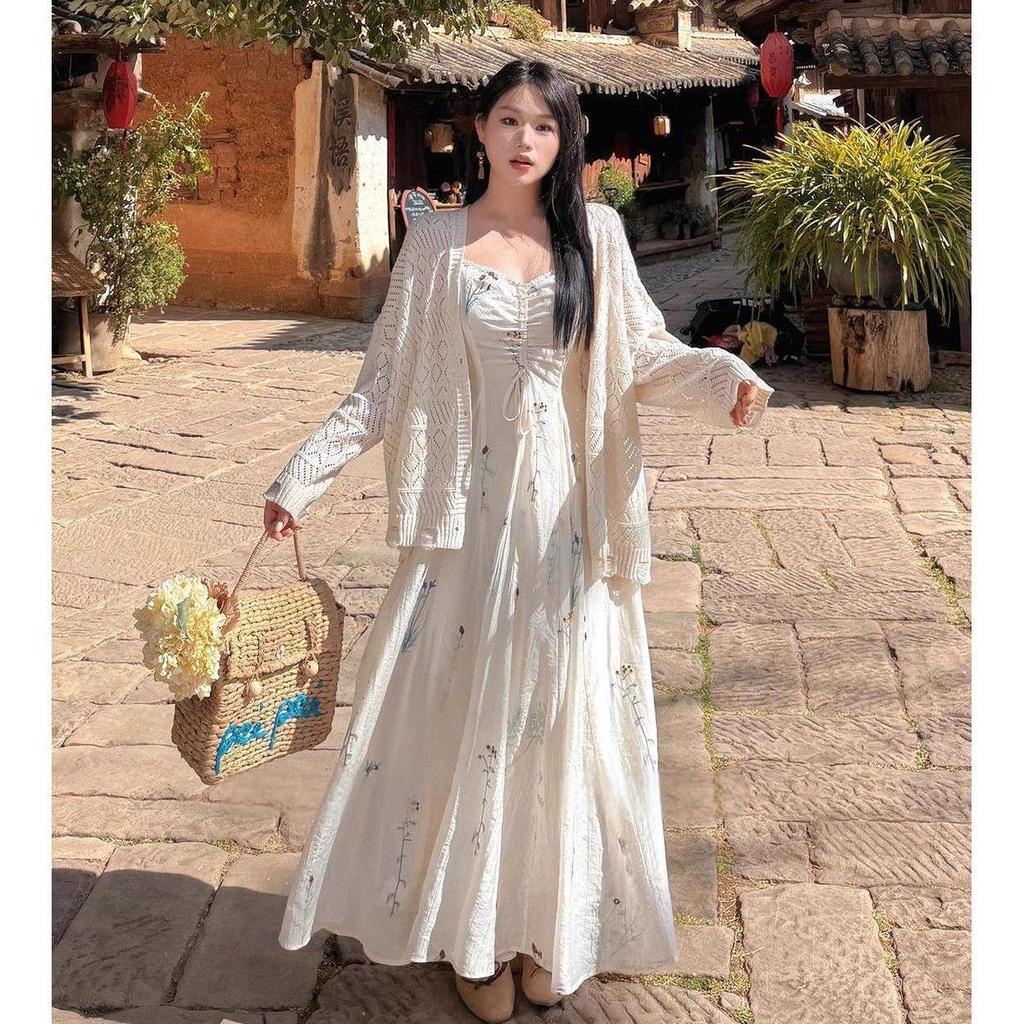 Plus Size Retro French Floral Camisole Dress & Long Sleeve Knit Cardigan Set for Women