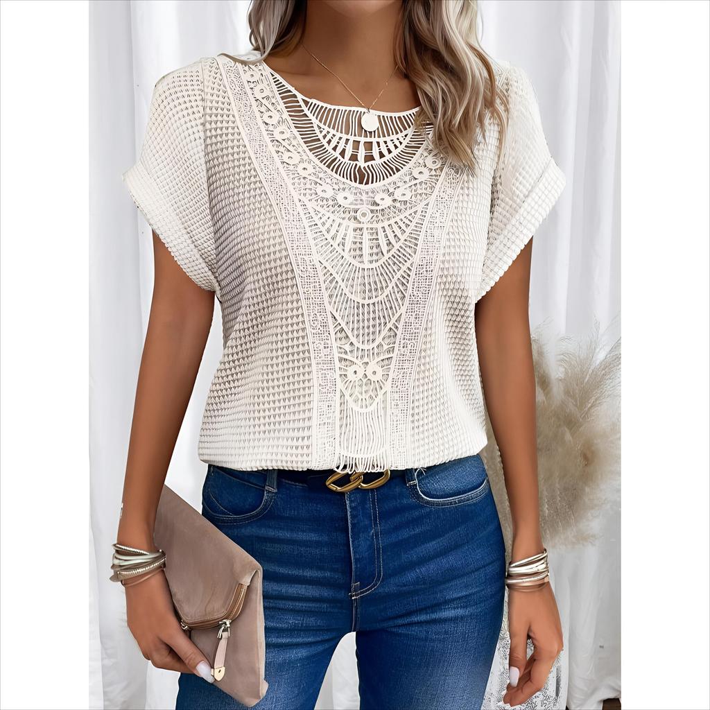 Summer Women's T-Shirt Lace Patchwork Short Sleeve Top