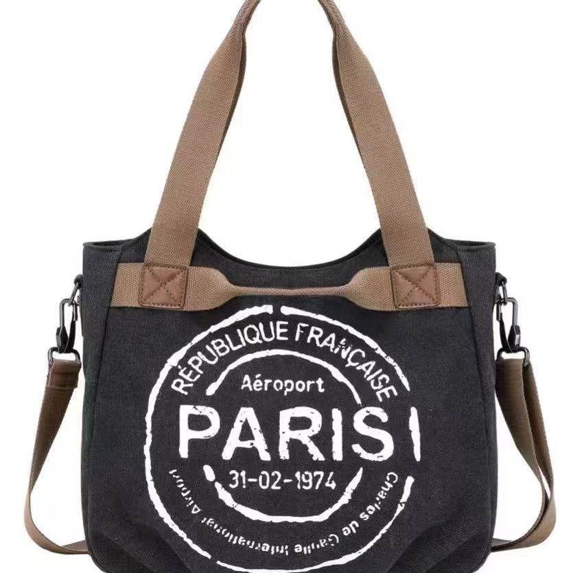 Women’s Canvas Tote Bag Large Capacity Shoulder Bag Fashion Paris Print Handbag Casual Crossbody Bag Portable Travel Shopping Tote Purse