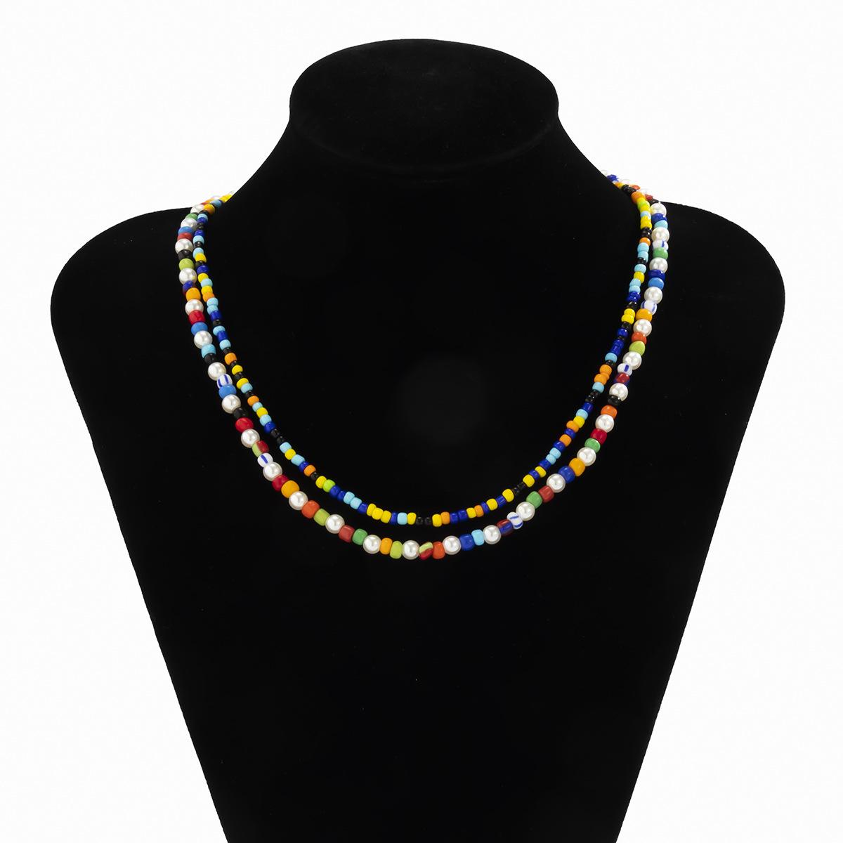 Trendy New Men s Personality Rice Bead Colorful Necklace Bohemian Style Necklace Set Color Mixing 02501