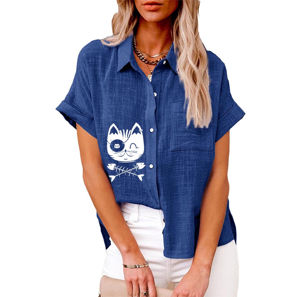 Plus Size Damenmode Bluse mit Katzendruck Sommer & Herbst Lockeres Kurzarmhemd mit Knöpfen Damen Casual Leinen T-Shirt