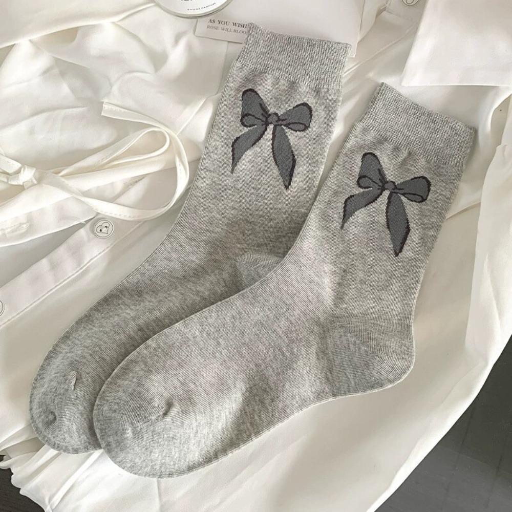 

2 Pairs Knited Cotton Socks Bowknot Heart Women‘s Socks New Middle Tube Socks for Spring Autumn серый