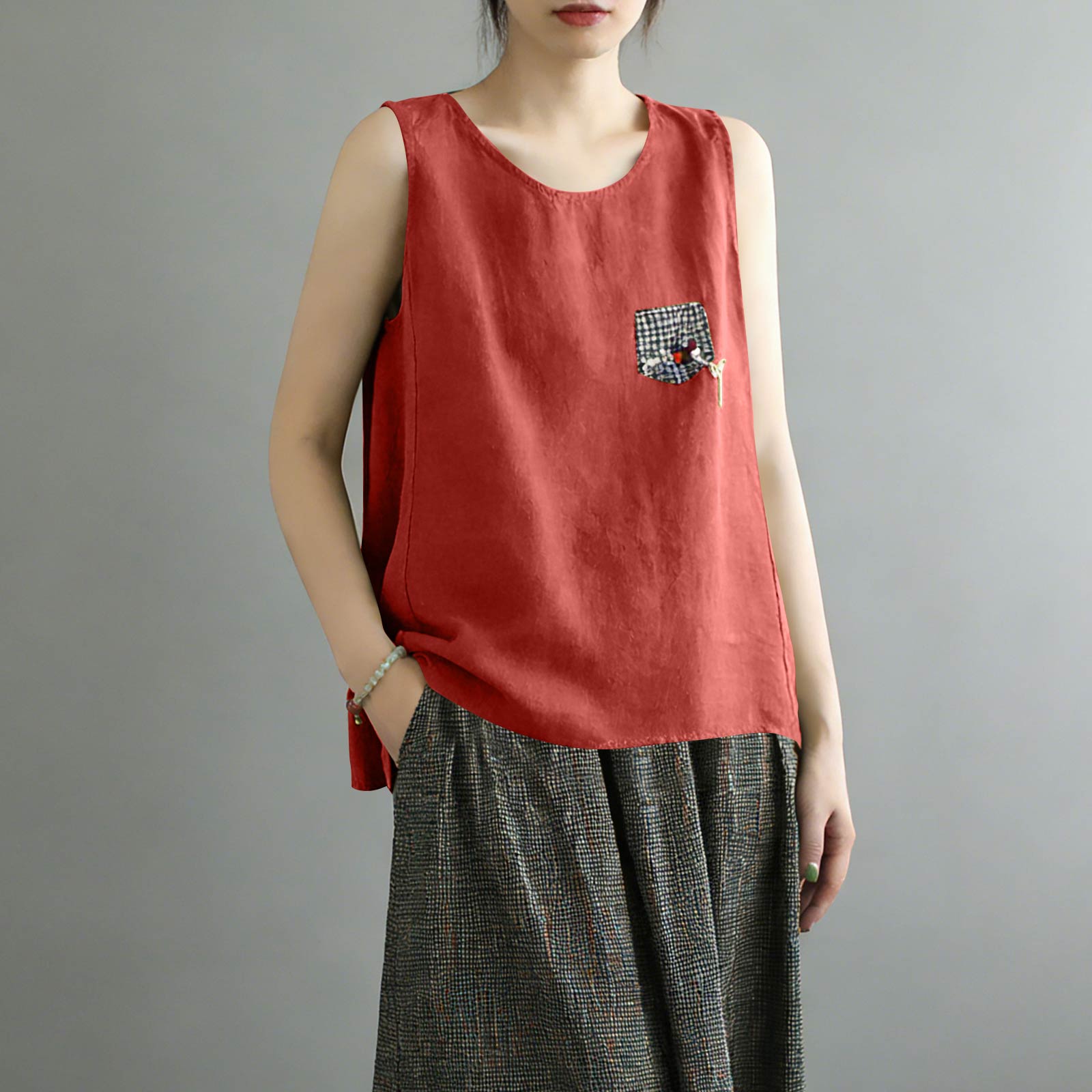 Women s Loose Fit Cotton Linen Blend Tank Top Sleeveless Outerwear L