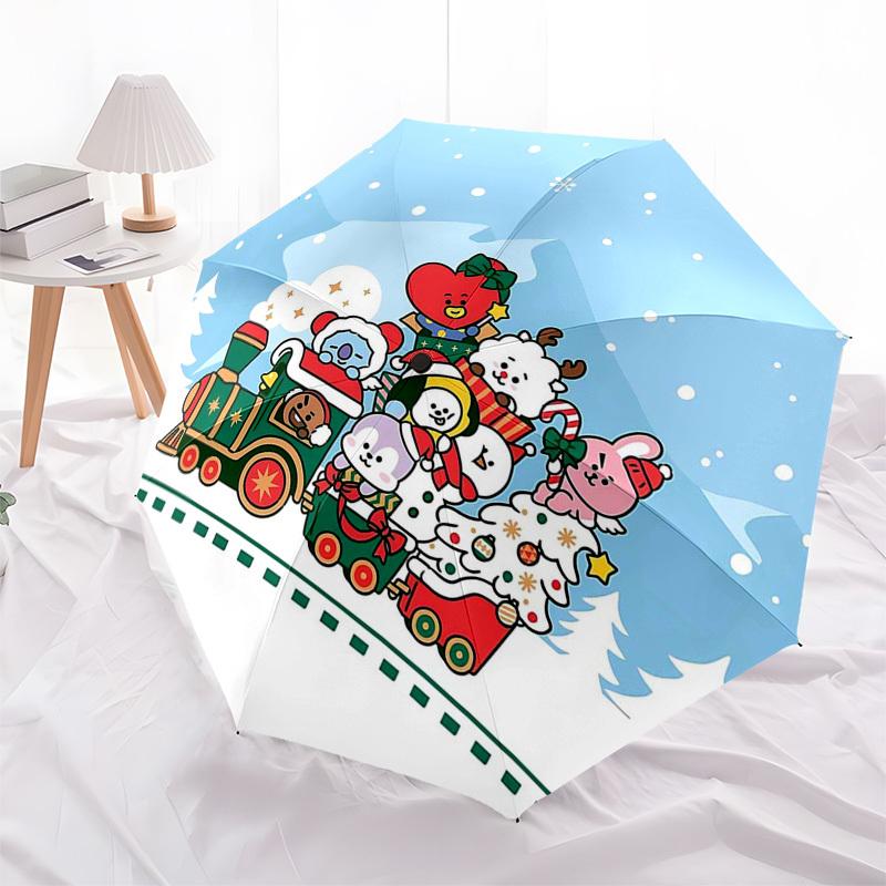 1pc Christmas Train with Cute Characters Outdoor Umbrella - Automatic Opening/Closing, Portable 3-Fold Design, 8-Rib Iron Frame, Festive Gift for