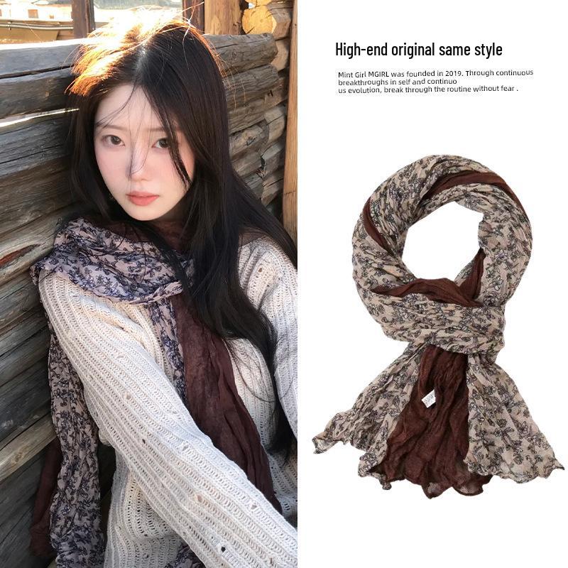 Crinkled Cotton Linen Silk Scarf: Colorblock, Warm, Fashionable for Spring & Autumn, Versatile High-End Neck Warmer