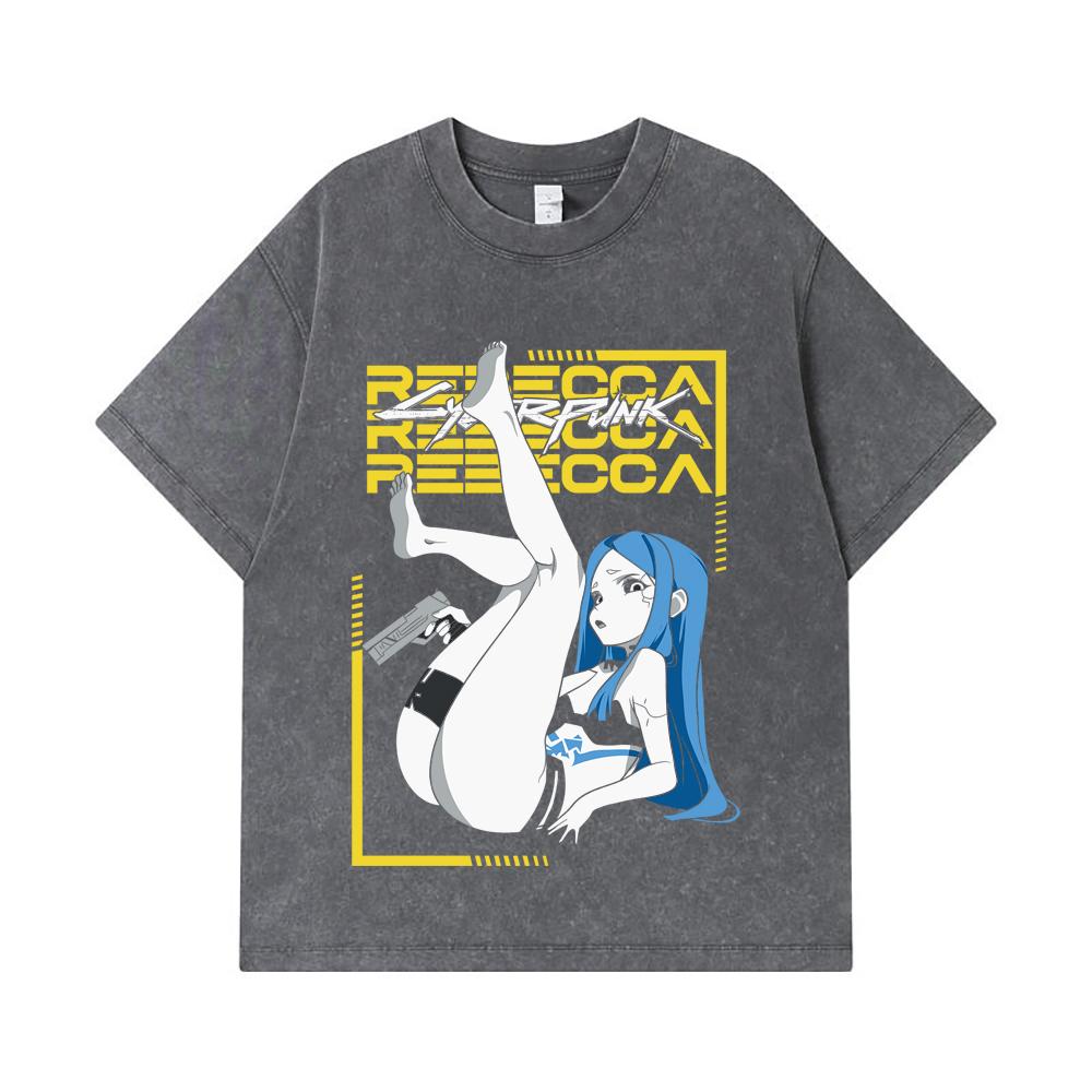 275 GSM Washed T-shirts 100% Cotton Cyberpunk Edgerunners V4 Rebecca Print Unisex Heavy Cotton T Shirt
