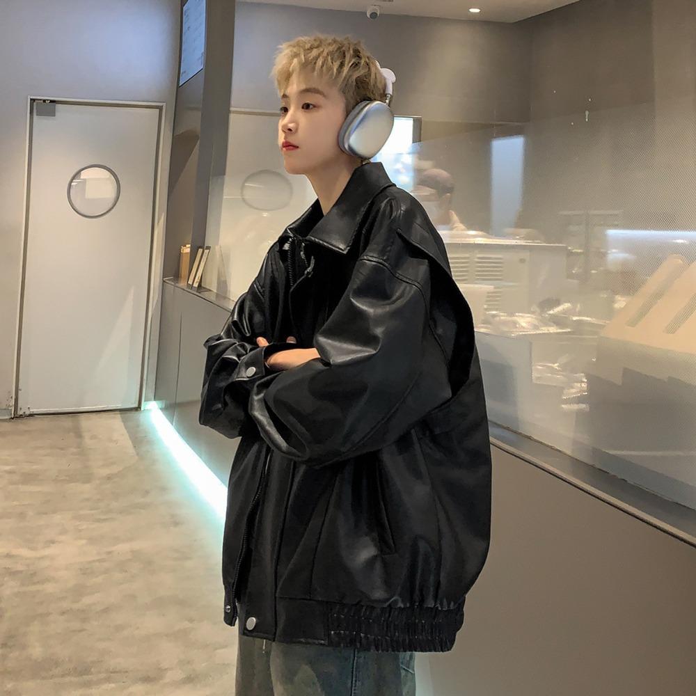 

Leather jacket men s autumn American high-end sense ruffian handsome trendy brand lapel loose pu leather splicing locomotive jacket M