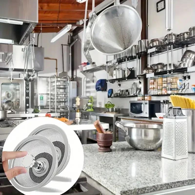 2Set Kitchen Sink Strainer With Handle Stopper Replacement Drain Basket Stainless Steel Mesh Filter Waste Hole6