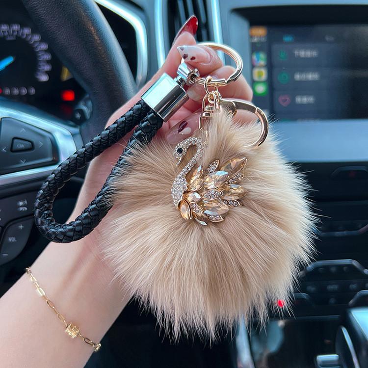 Crystal Swan Creative Fox Fur Car Keychain Exquisite Chic Keyring Bag Pendant