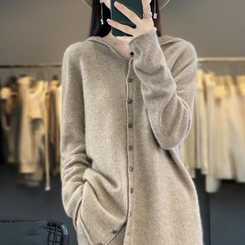 Women's 100% Wool Hooded Cardigan - Versatile Autumn/Winter Pure Color Knit Jacket