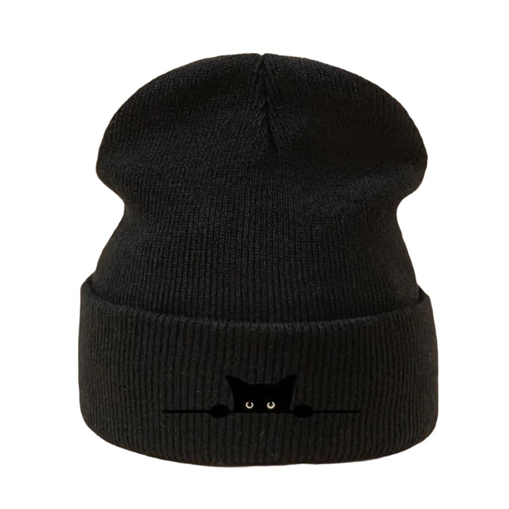 Windproof Knitted Beanie Hat Cartoon Cat Printed Pullover Cap Fashion Warm Hat  Outdoor