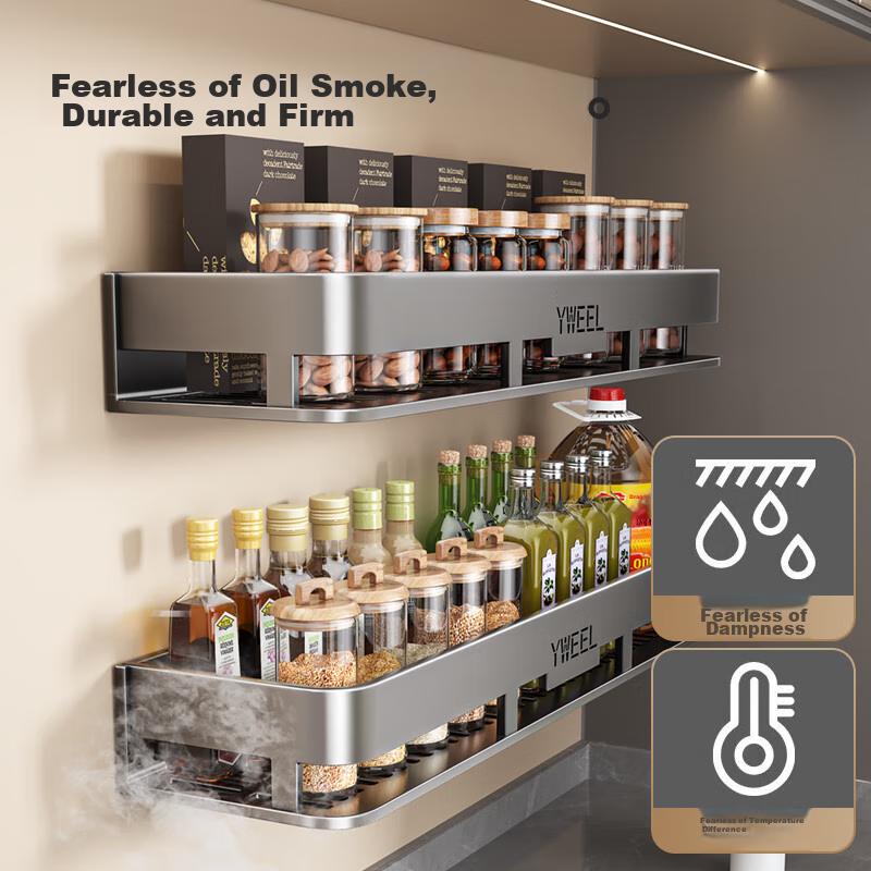 YWEEL Gunmetal Kitchen Spice Rack, No Drilling Required, Wall-Mounted Seasoning Shelf, Wall-Mounted Organizer, Space Aluminum Storage Rack