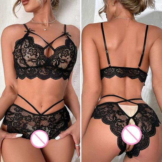 2 Pcs/Set Sexy Underwear Hollow Out Lace Solid Color Wireless Unpadded Open Crotch Elastic Bow Decor Multi Straps Soft