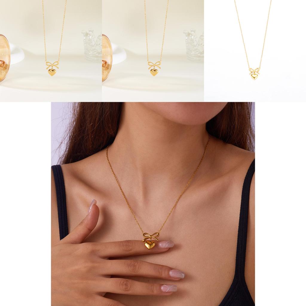 Elegant Heart Shape Pendant Necklace With Butterfly Bow Design In Stainless Steel For Daily Wear