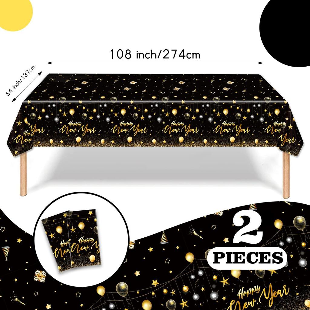 2PCS Happy New Year Tablecloth, Disposable Black Gold NYE Party Tablecloth Decorations, Rectangular Plastic New Year Table Cover NYE Theme Party