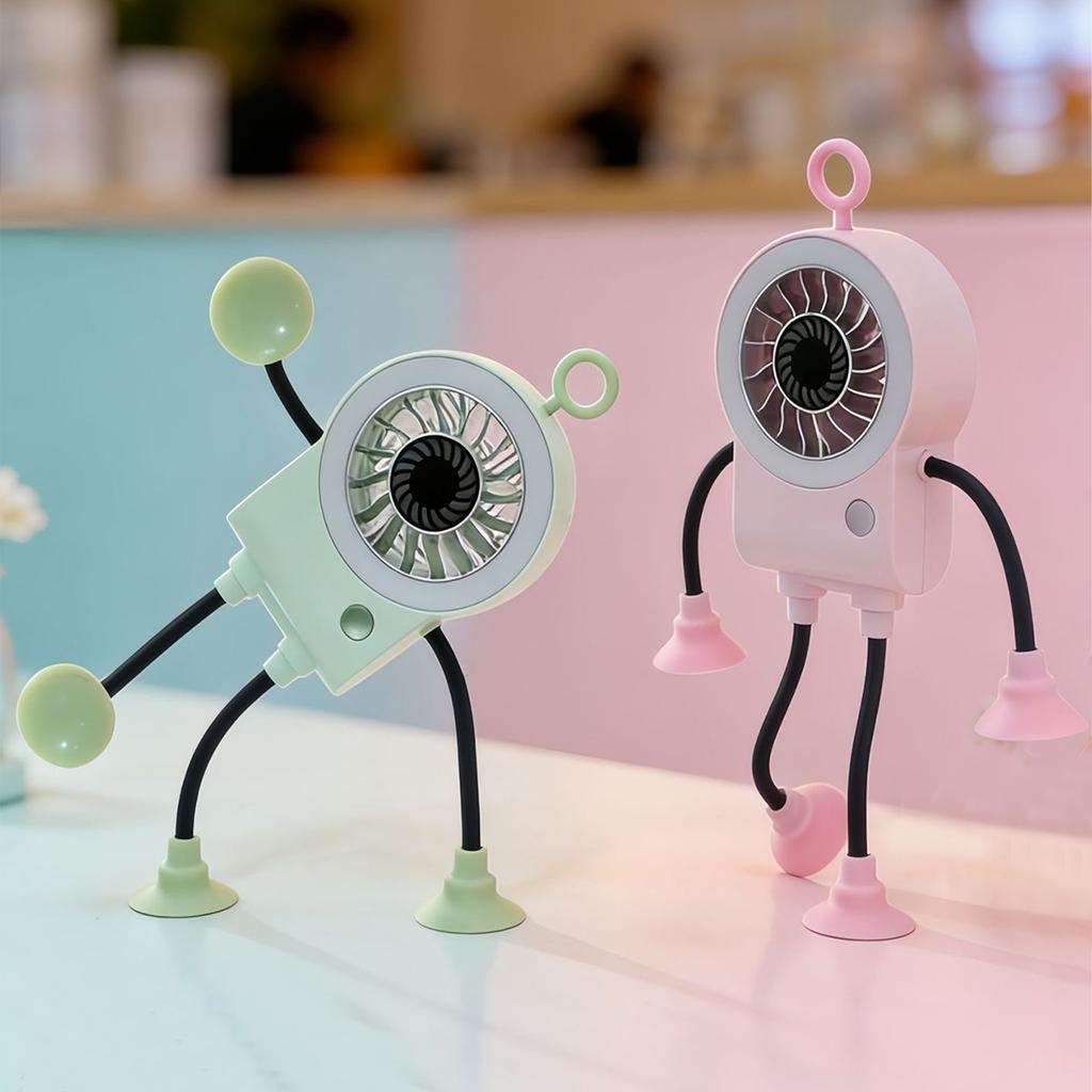 USB Cute Robot Mini Fan with Suckers&Phone Stand&Light Portable Foldable Blower 1200mAh Handheld Robot Fan for Office Desktop