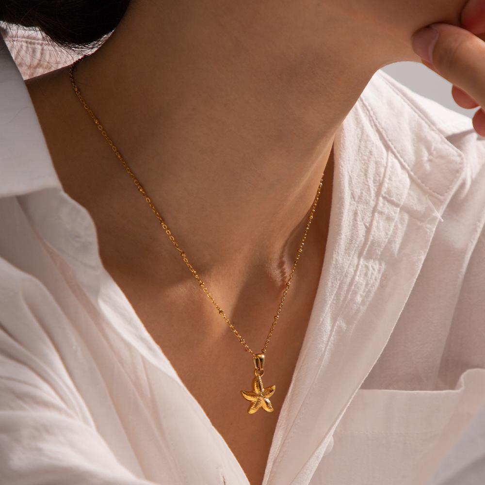 Yori Starfish Shell Pendant Necklace for Women Seaside Holiday Elegant Waterproof Stainless Steel Jewelry Gift New 2024