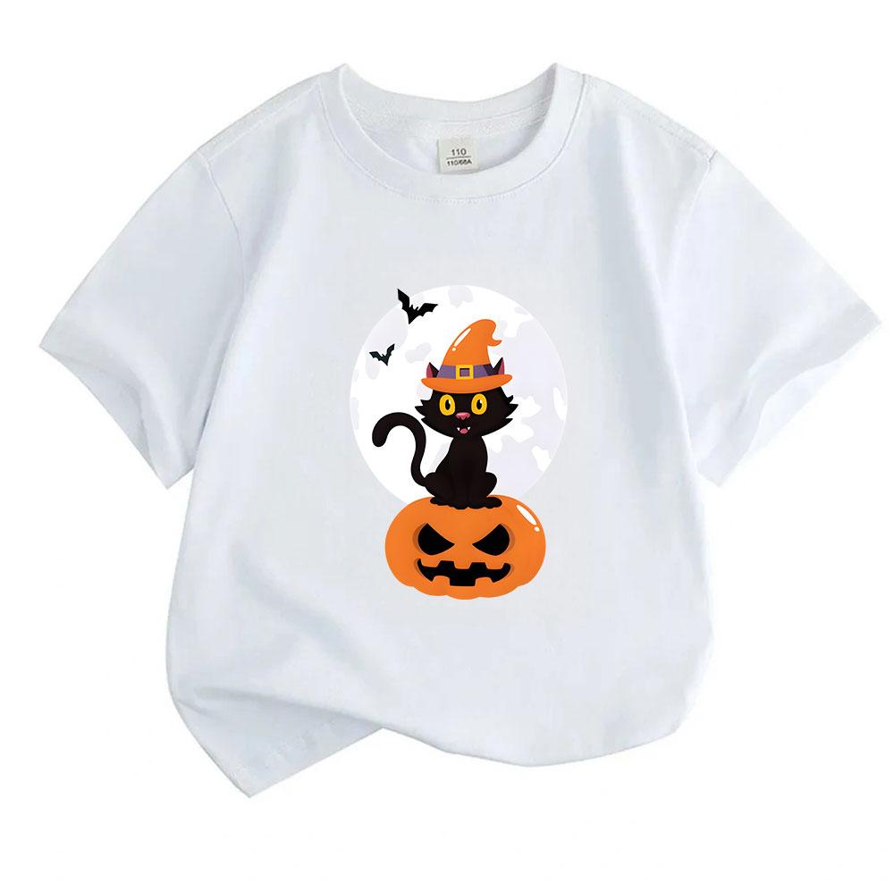 Kids Boys Girls 100% Cotton Short Sleeve O-Neck T-Shirt, Cute Halloween Black Cat Witch Hat Pumpkin Full Moon Bat Pattern Casual Soft Tee for Children