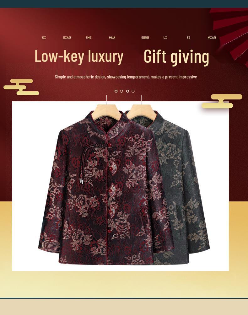 2025 Spring/Autumn Chinese Style Grandma Cardigan: Elegant, Turn-Down Collar Coat & Stand-Up Collar Top for Middle-Aged & Elderly