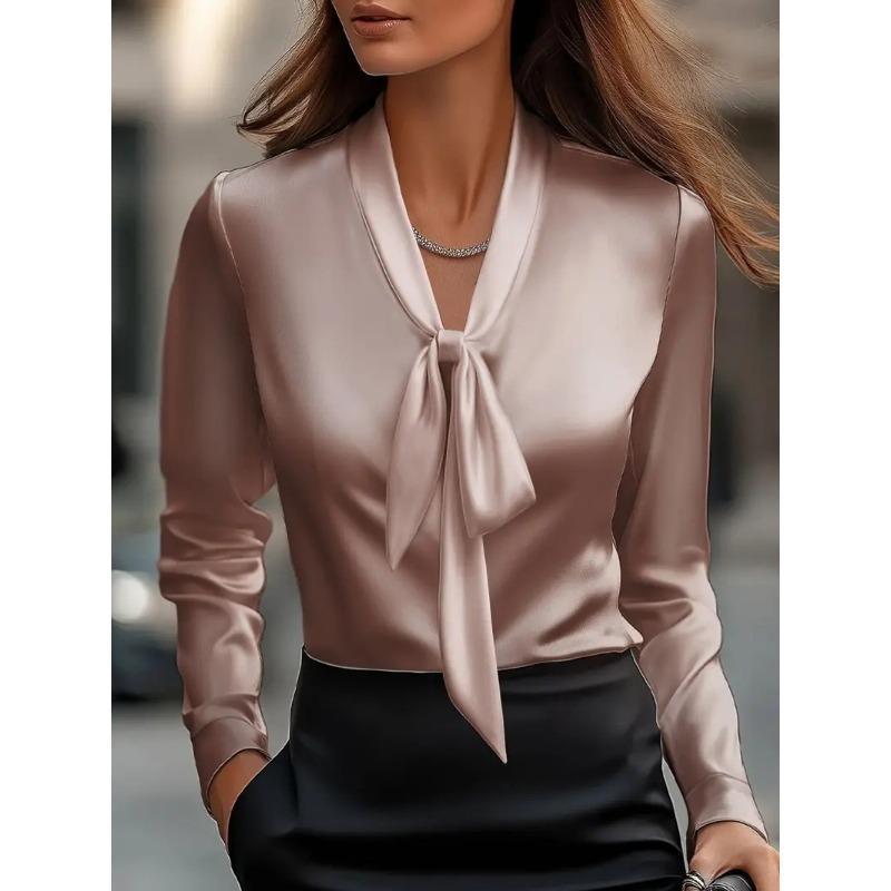 Nuova Moda Elegante Bluse Monocolore con Lacci Camicia Raso a Manica Lunga per Donne