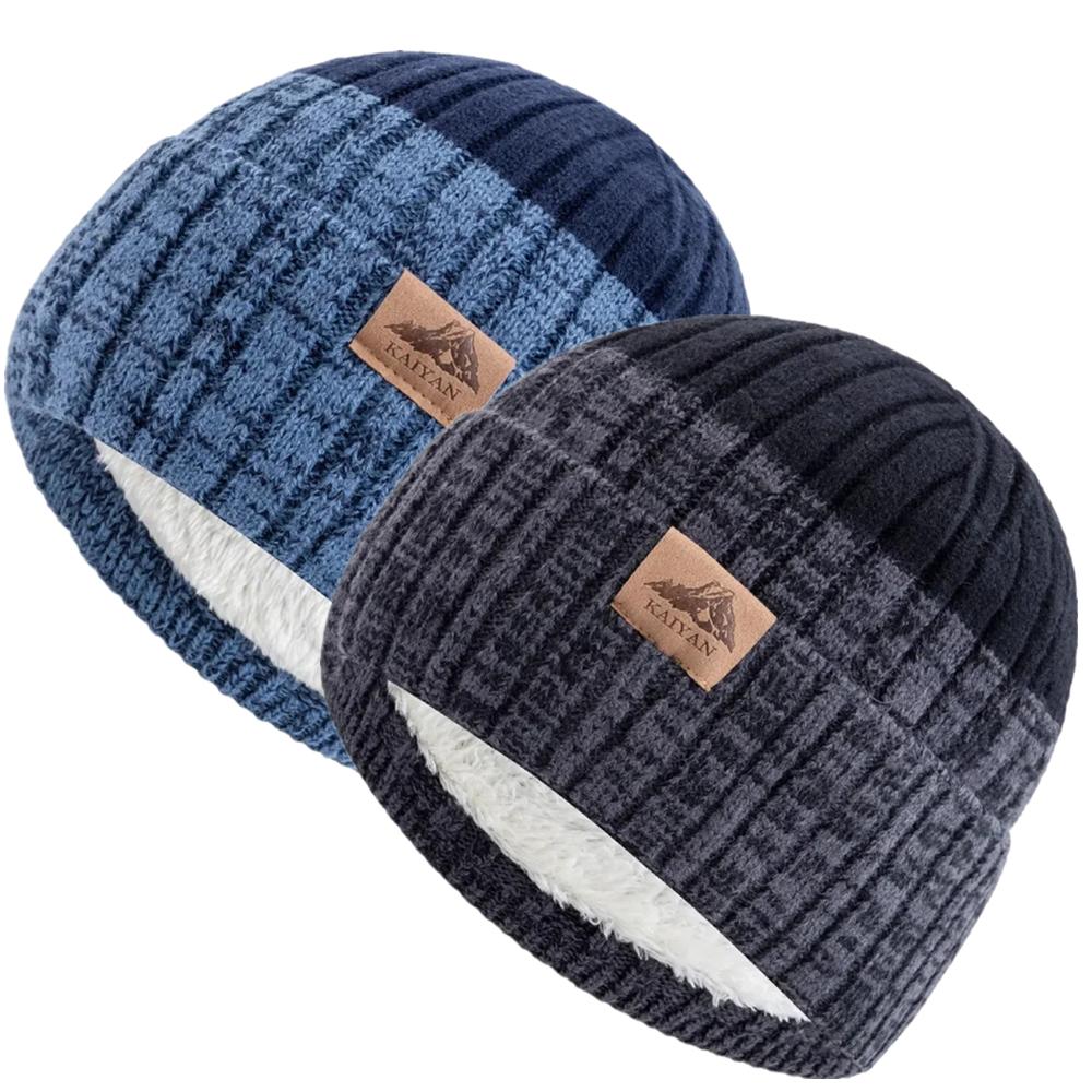 Unisex Winter Warm Hats Plush Fur Lined Beanie Cap For Man Woman Color Blocking Winter Knitted Hat